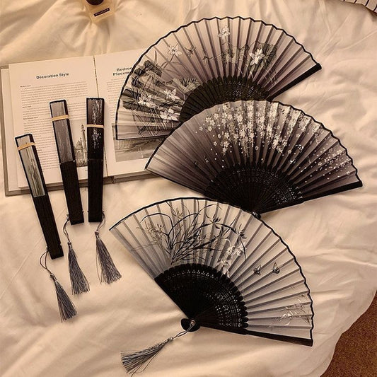 Chinese style folding small fan portable ancient Chinese style summer black bamboo fan for female