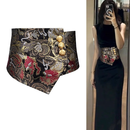 2025 New Elastic Wide Belt Women's Waist Cincher High-end Black Jacquard Women's Decorative Dress