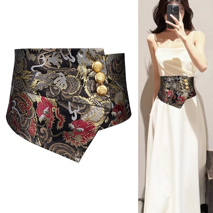 2025 New Elastic Wide Belt Women's Waist Cincher High-end Black Jacquard Women's Decorative Dress