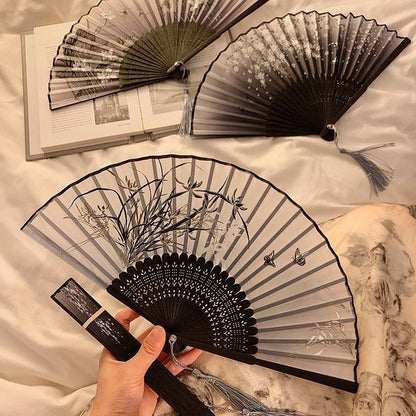 Chinese style folding small fan portable ancient Chinese style summer black bamboo fan for female