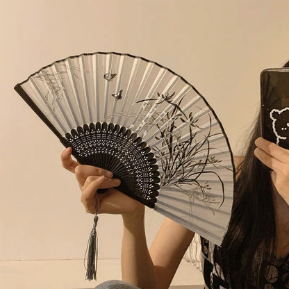 Chinese style folding small fan portable ancient Chinese style summer black bamboo fan for female