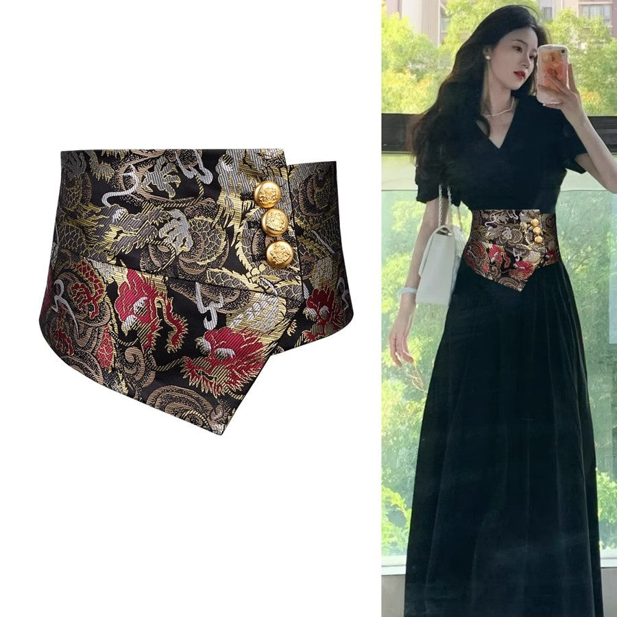 2025 New Elastic Wide Belt Women's Waist Cincher High-end Black Jacquard Women's Decorative Dress